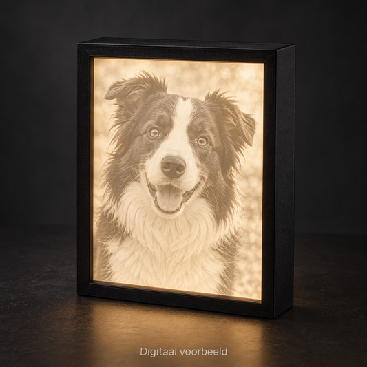 Digitaal gegenereerd voorbeeld van de Lithofaan Fotolijst: een verlichte hondenfoto in een zwarte lijst. Geen foto van een daadwerkelijk vervaardigd exemplaar.